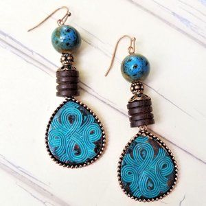 Earrings. Patina Teardrops. Wood & Ceramic Beads. Teal, Brown, Copper, Beaded.
